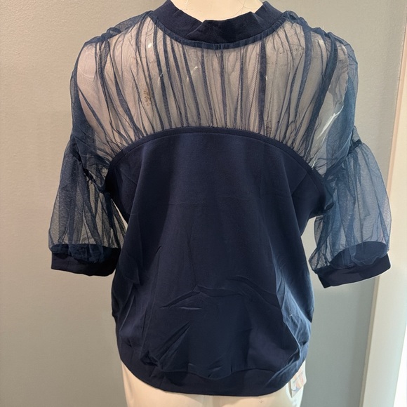 NWTElegant Navy Sheer Yoke High neck line puff sleeve super soft stretch bottom - Picture 7 of 8